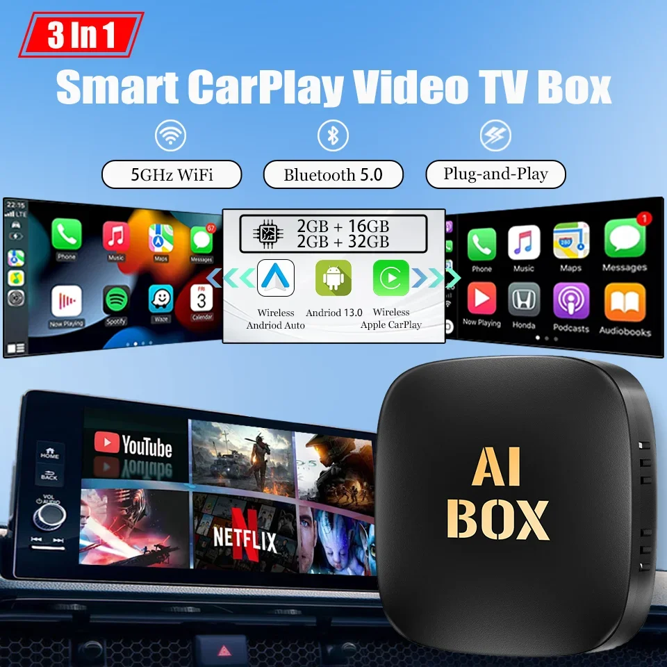 CarPlay Ai Box Android 13 Wireless Android Auto & CarPlay 3-in-1 Smart TV Box Built-in Youtube Netflix Play Store Plug & Play