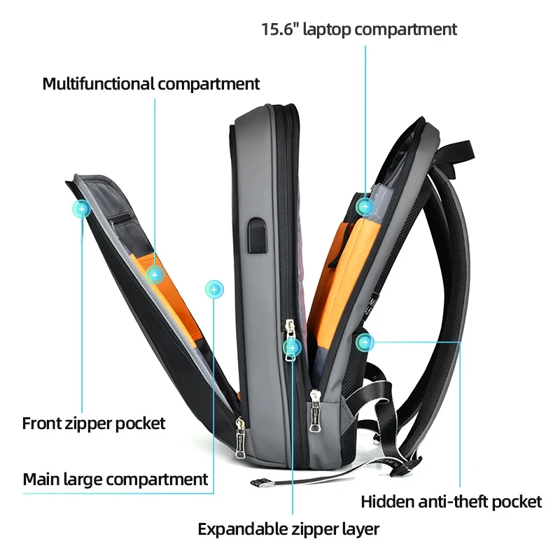 Zaino impermeabile dal Design di nicchia per uomo zaino per Laptop da 15.6 pollici borse da viaggio multifunzionali espandibili ricarica USB