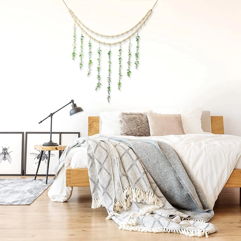 

B52C Eucalyptus Boho Wall Decor Large Boho Bedroom Wall Hanging Wooden Bead Garland Artificial Eucalyptus Natural Greenery