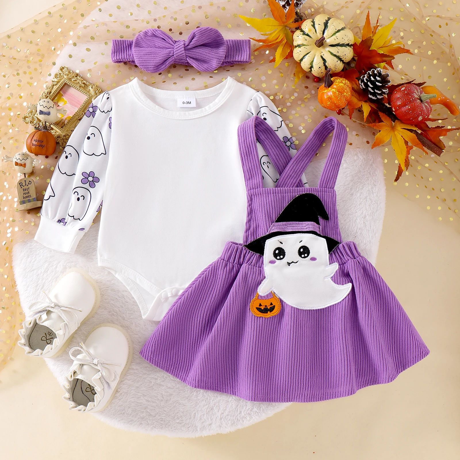 Baby Girls 3PCS Skirt Sets Long Sleeve Romper Santa Claus/Ghost/Turkey Embroidery Suspender Skirt Headband Sets image 6