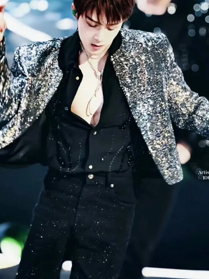 New Silver Sequined Short Suit Jacket For Men Singer Bar Stage Performance Clothes Tide Fashion Male Street Dance Host Dress