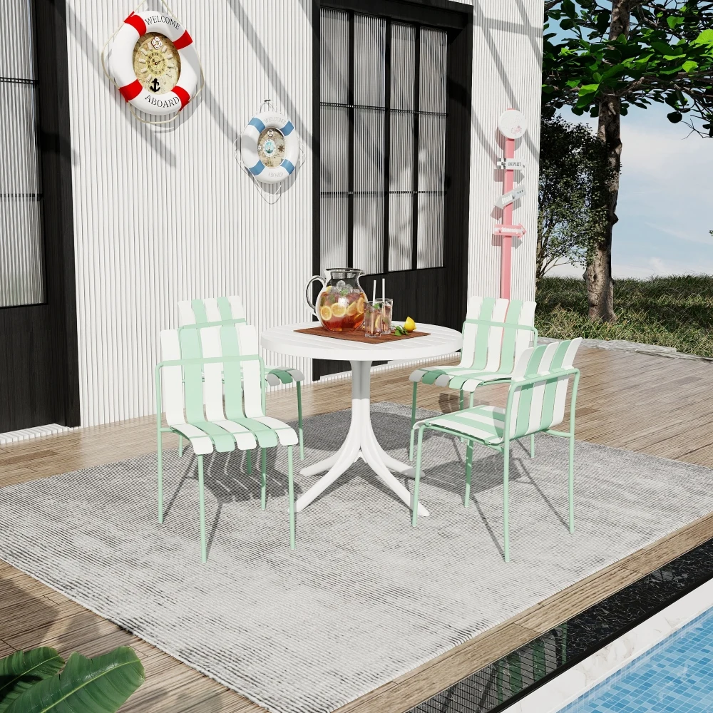 

4-Pack Striped White&Green Chairs (Waterproof PP, Metal Legs)+36in Indoor/Outdoor White PP Table