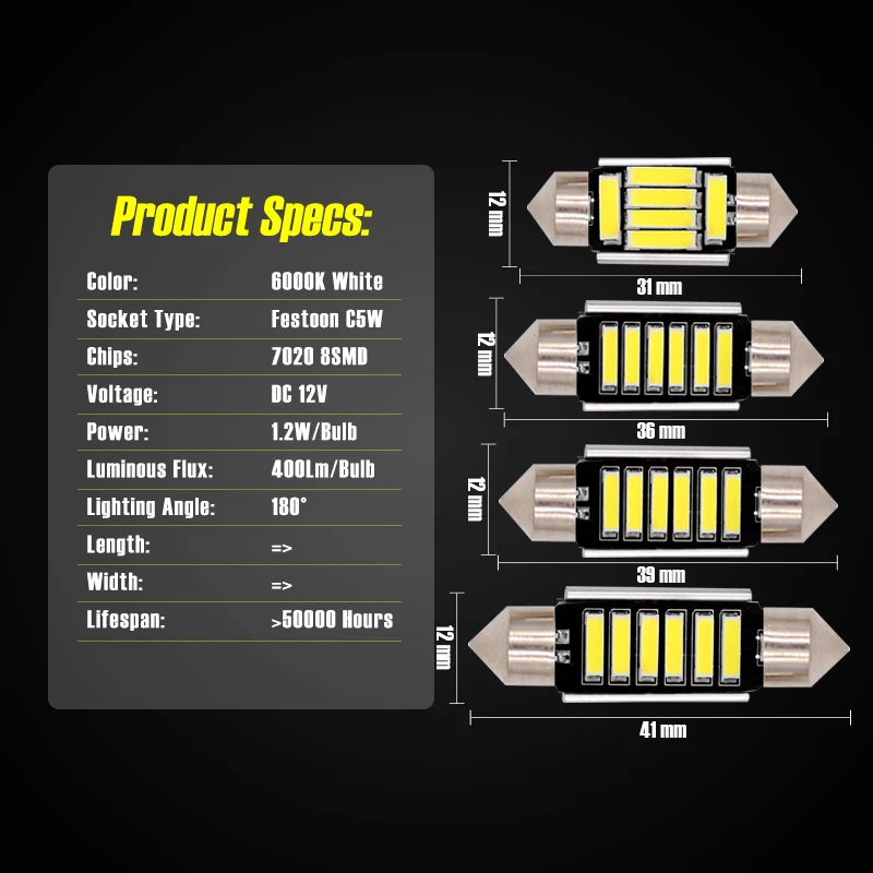 

1/6/10pcs LED Car Dome Light Festoon C5W 7020 6SMD Canbus 31mm/36mm/39mm/41mm Auto Interior Reading Trunk License Plate Lamp