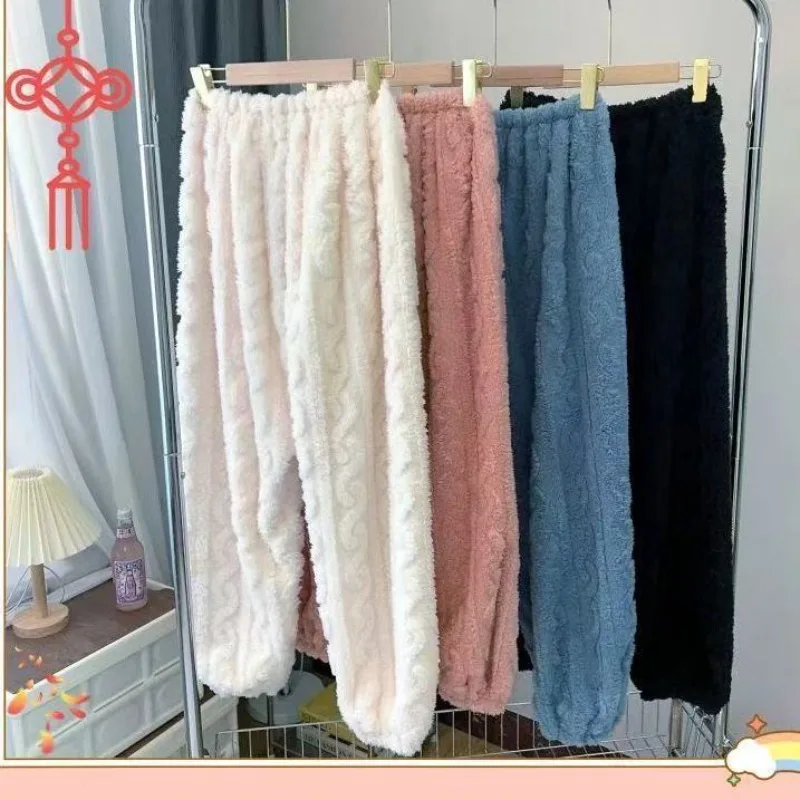 Women's Flannel Pajama Pants, Coral Fleece, Fleece-Lined, Thickened, Warm, Loungewear, Fall/Winter, Loose-Fit, Plush Pants