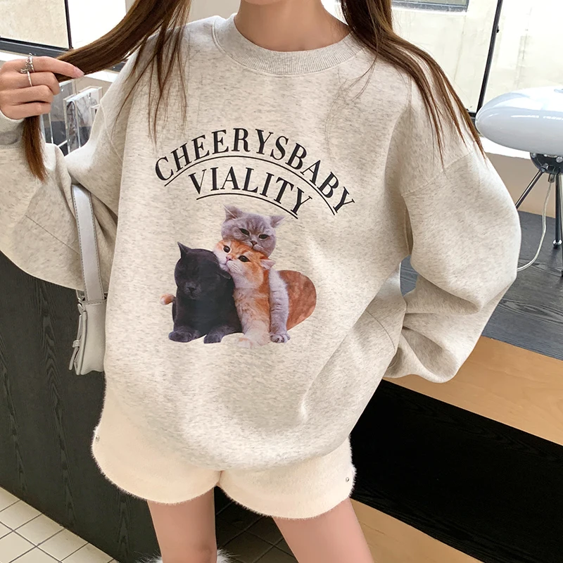 

Chic Cat Pattern Couple Sweatshirts Women Long Sleeve Autumn Winter Velvet Warm Tops Pullovers Trendy Letter Jumper Female