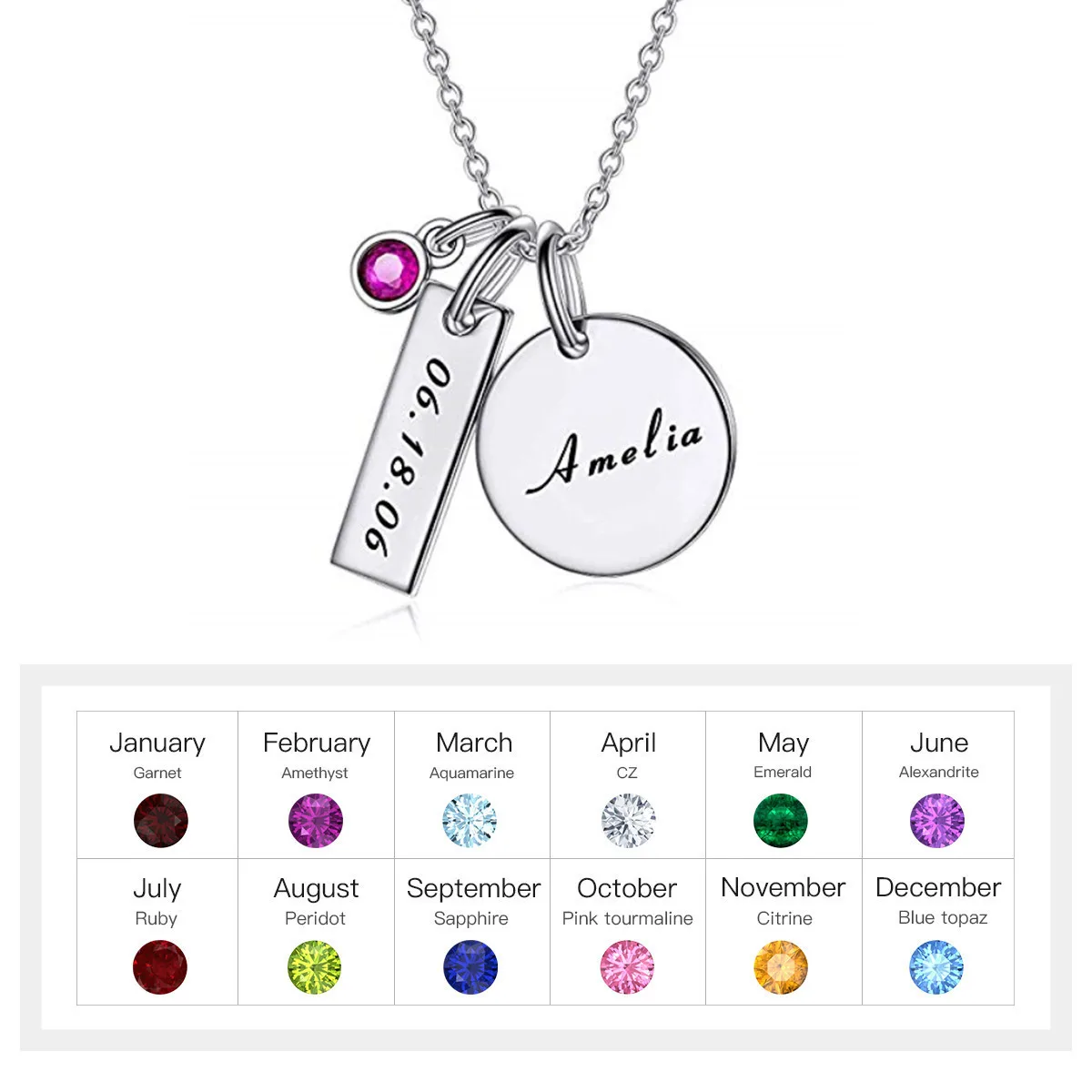 925 Silver Necklace Customized Round Gemstone Birthstone Name Brithday date Women's Birthday Gift Jewelry