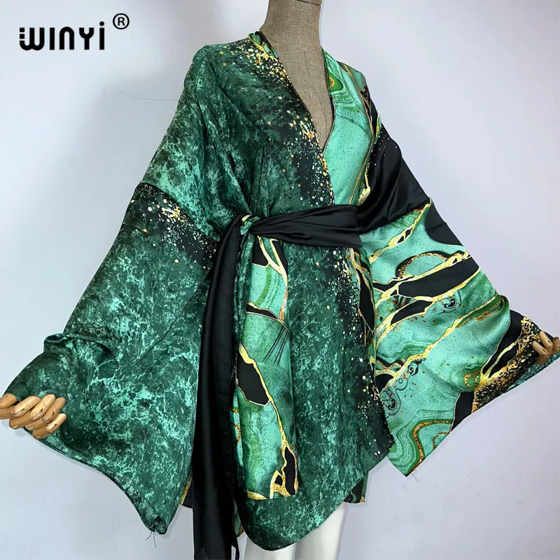 WINYI Bohemian Printed Bikini Cover-ups Elegant Self Belted Kimono Dress Women Summer Clothing  holiday Dress Beach Wear Covers