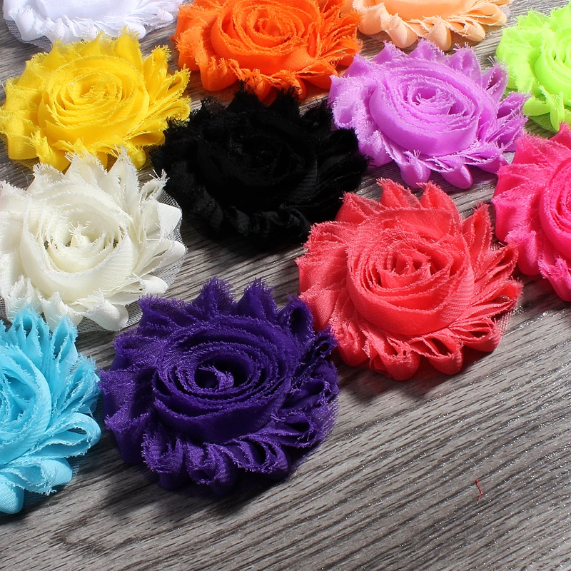 

20pcs/lot 2.6" 15colors Fashion Chic Shabby Chiffon Flowers For Kids Hair Accessories 3D Frayed Fabric Flowers For Headbands