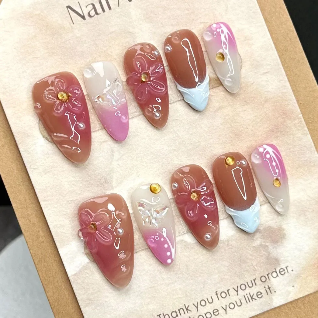 

10pcs Handmade Press on Nails Ins Summer 3D Hand Painted Flower False Nails Wearable Sweet Blush French Almond Fake Nail Tips