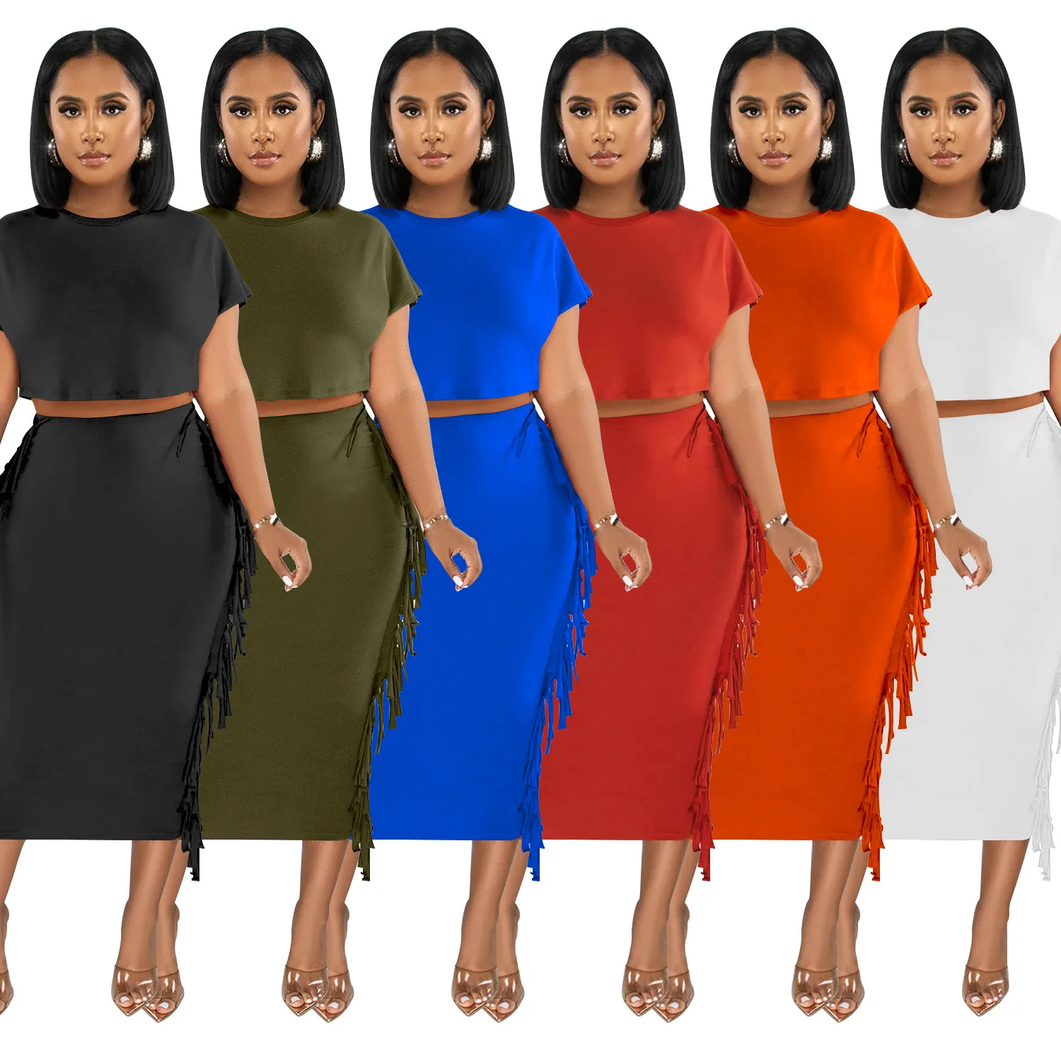 Einyoo Mode Frauen solide runde Kurzarm Crop Tops Quaste zweiteilige Bodycon Party formelle lange Kleid Sets traf zevity y2k