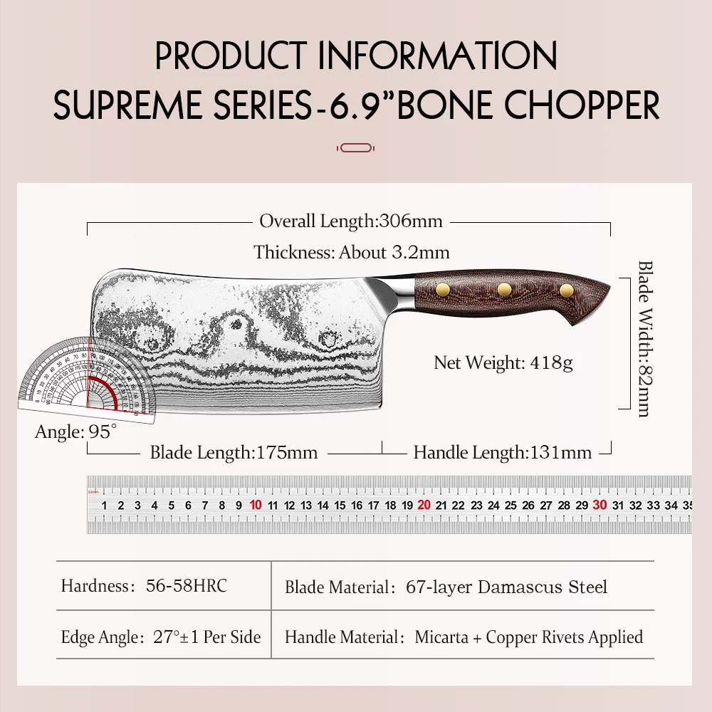 HEZHEN 6.9 Inch Bone Chopper Knife 67 Layers Damascus Steel Micarta Handle Sharp And Durable Kitchen Cook Knife