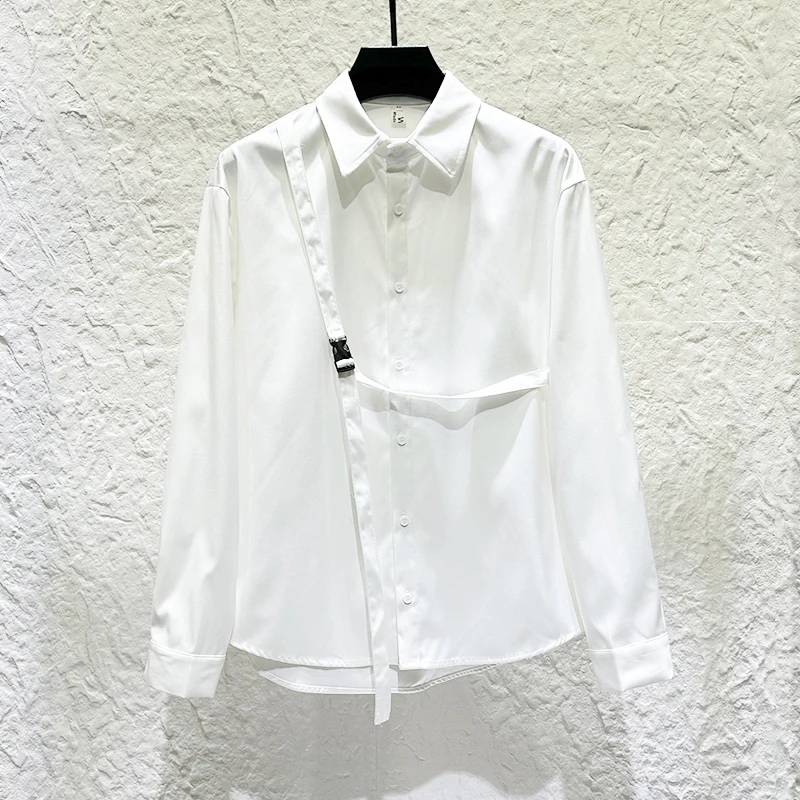 Korean Fashion Personalized Ribbon Buckle Shirt Men's Functional Loose Casual Long Sleeve Shirts Performance Stage Costume