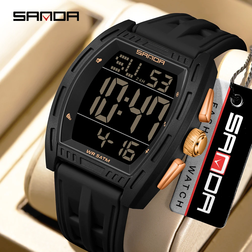 SANDA Fashion Men Digital Watch Multifunctional Chronograph LED Display 5Bar Waterproof Outdoor Sport Military Style Wristwatch