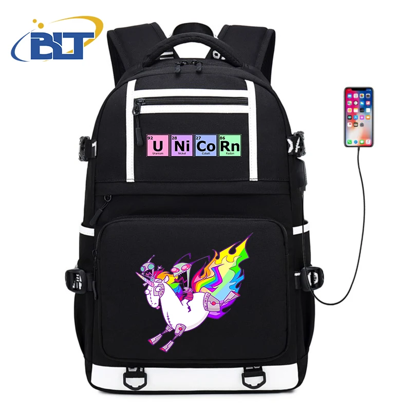 Unicorn Print Student School Bag, mochila preta de grande capacidade, USB Travel Bag, Kids Gift