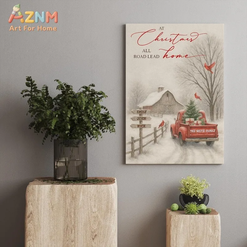 Vintage Rustic Christmas Red Truck Cardinal Barn Quote Canvas Poster Prints Frameless Wall Art Festive Winter Home Bar Decor