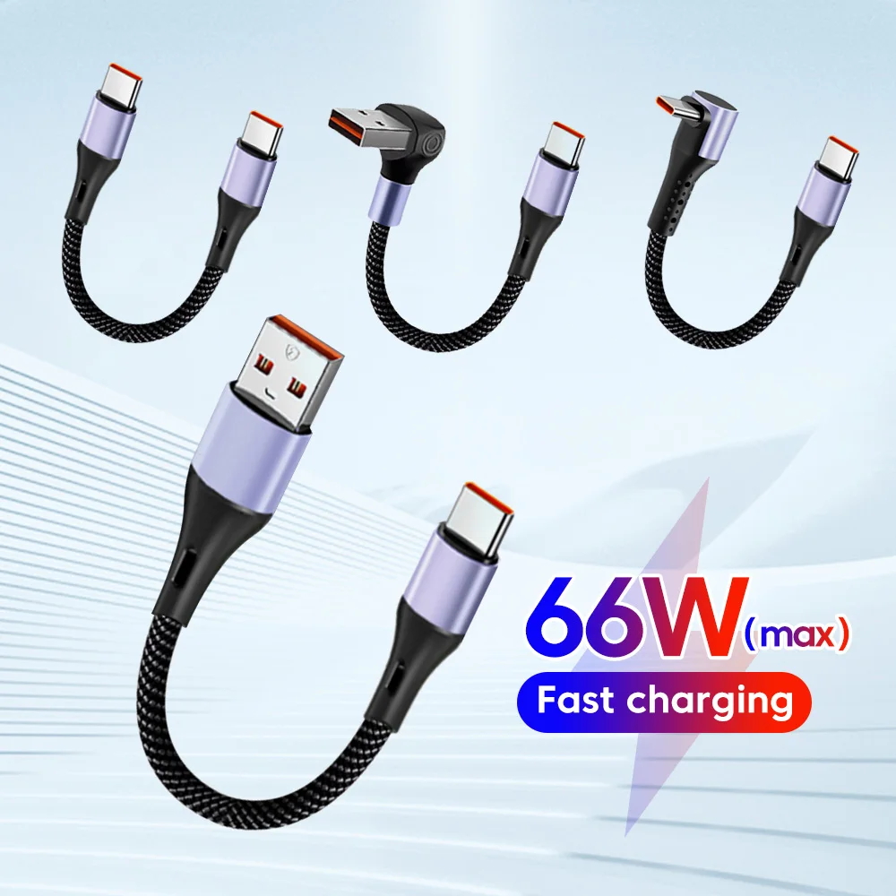 Cabo Curto Tipo C de 66W 0.15M/0.3M para Carregamento Rápido para iPhone 15 16 Samsung Huawei Xiaomi Power Bank 90 °   Cabo USB A para USB C