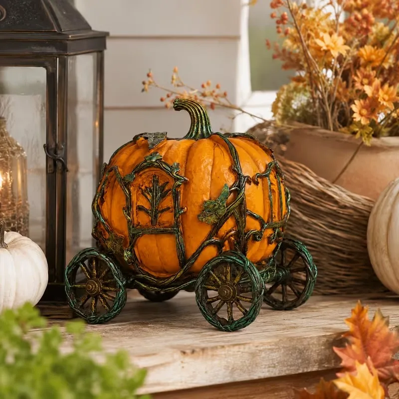Halloween Pumpkin Carriage Resin Decor Vintage Gothic Fairy Tale Coach Ornament Rust Finish Tabletop Garden Decoration