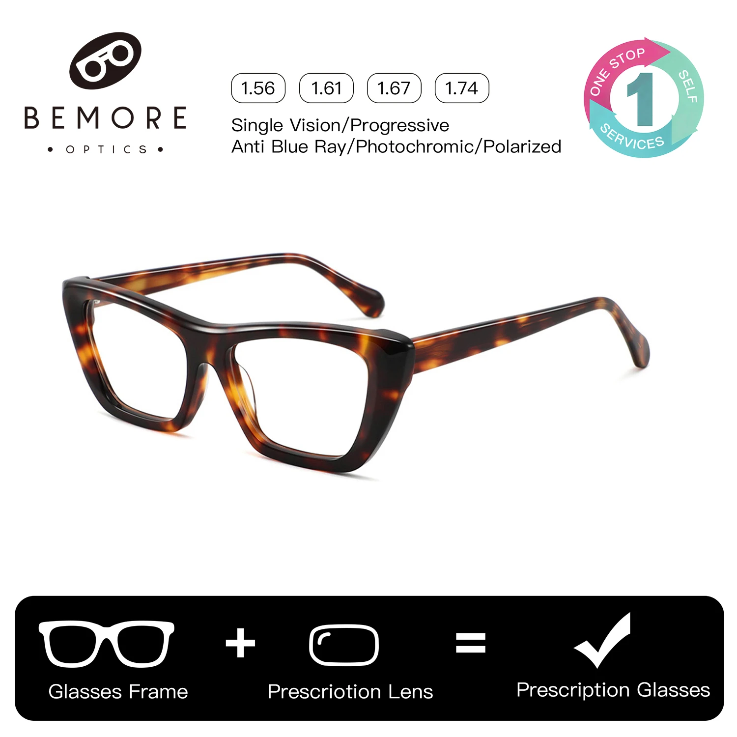

BEMORE Fashion Cat Eye Ultralight Acetate Multifocal Progressive Glasses Square Blue Light Filter Prescription Eyewear for Women