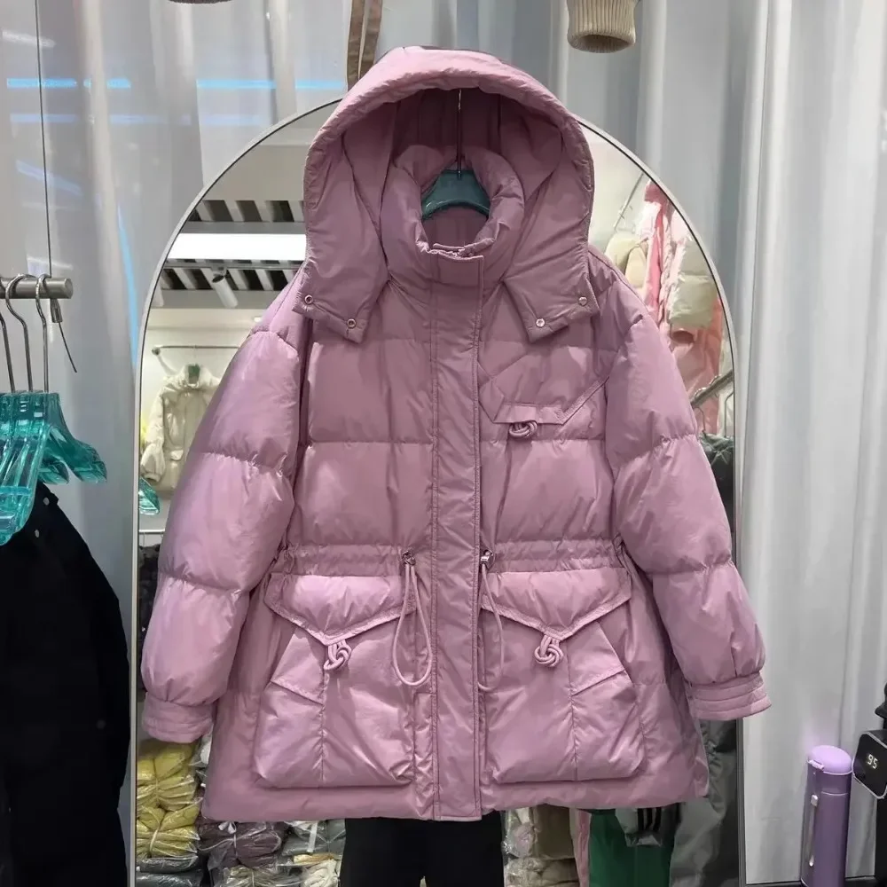 2024 New Down Jacket Women Fashionable Winter Down Jacket Loose Fitting Hood Thickened High-end Feel Waisted White Duck Coat