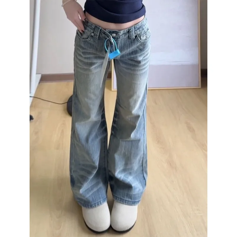 American Vintage Street Low Waist Distressed Jeans Women Slim Fit Breathable Comfortable Washed Blue Flare Wide Leg Denim Pants