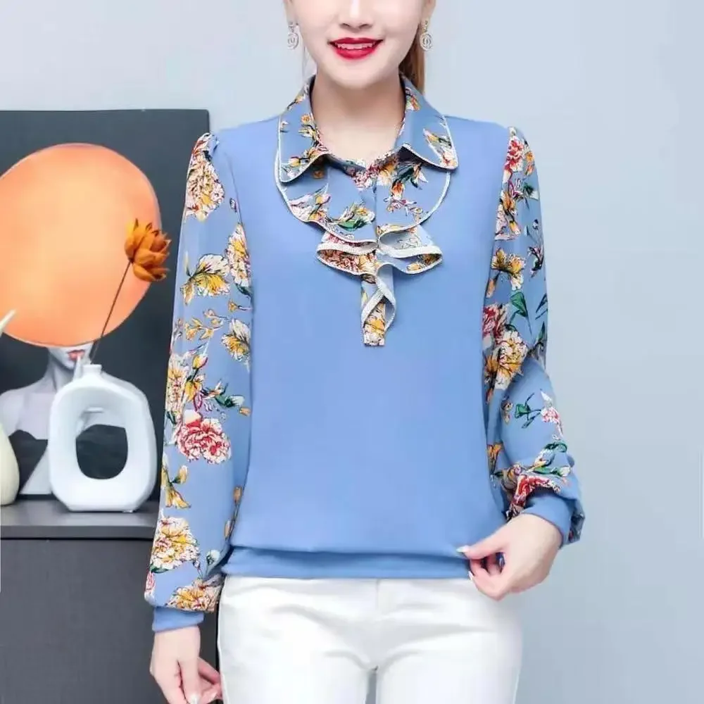 

Модная тонкая длинная рубашка для мам, свободный и уменьшающий возраст женский топ, высококачественный воротник в виде листьев лотоса, новая нижняя рубашка с принтом