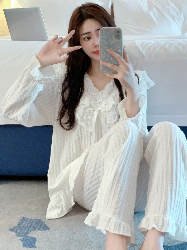 

Princess Style Lace Sleepwear Women's Long Sleeve Long Pants Home Clothes Set Spring Autumn Sweet High Aesthetic Pure Co...