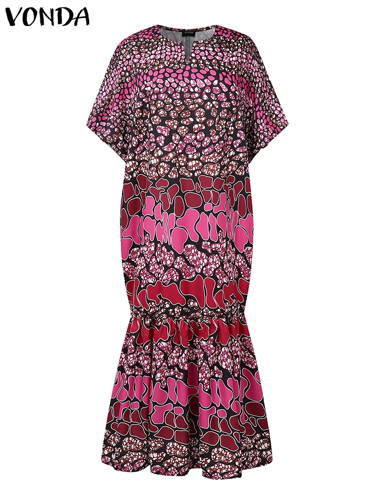 Plus Size VONDA Women Printing Dress Summer Flare Sleeve Sundress Vintage Party Fishtail Long Dress 2025 Casual V Neck Robe 5XL