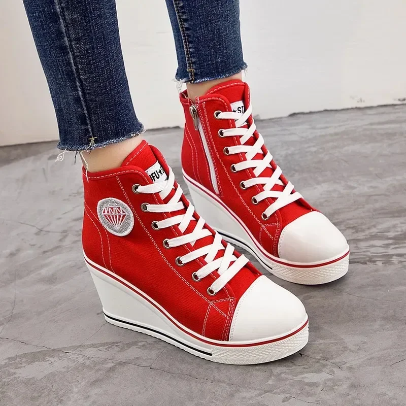 Wedge Heel Casual Shoes for Women New Canvas Shoes Side Zipper High Heel Lace Up Shoes Woman\'s Heightening Platform Sneakers