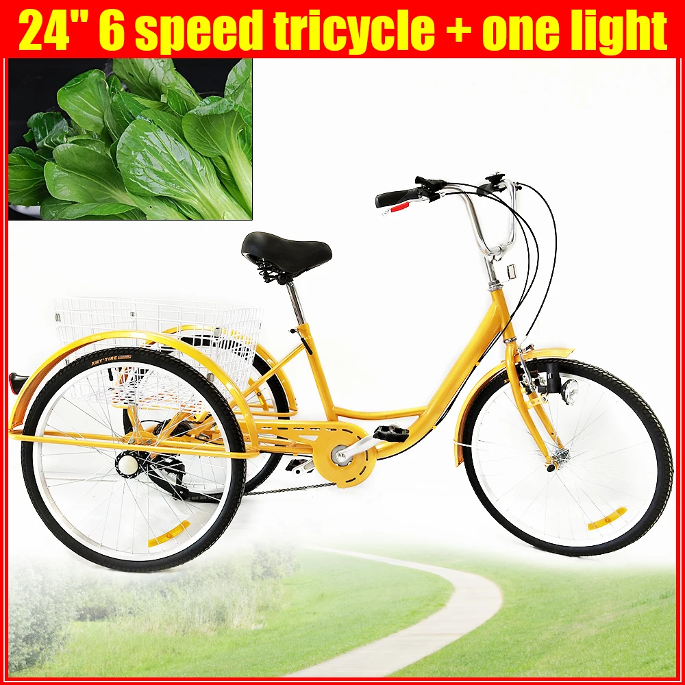 6 Speed 24 Inch 3 Wheel Adult Bike Tricycle Trike Tricycle Cruise Bike with Saddle with Light