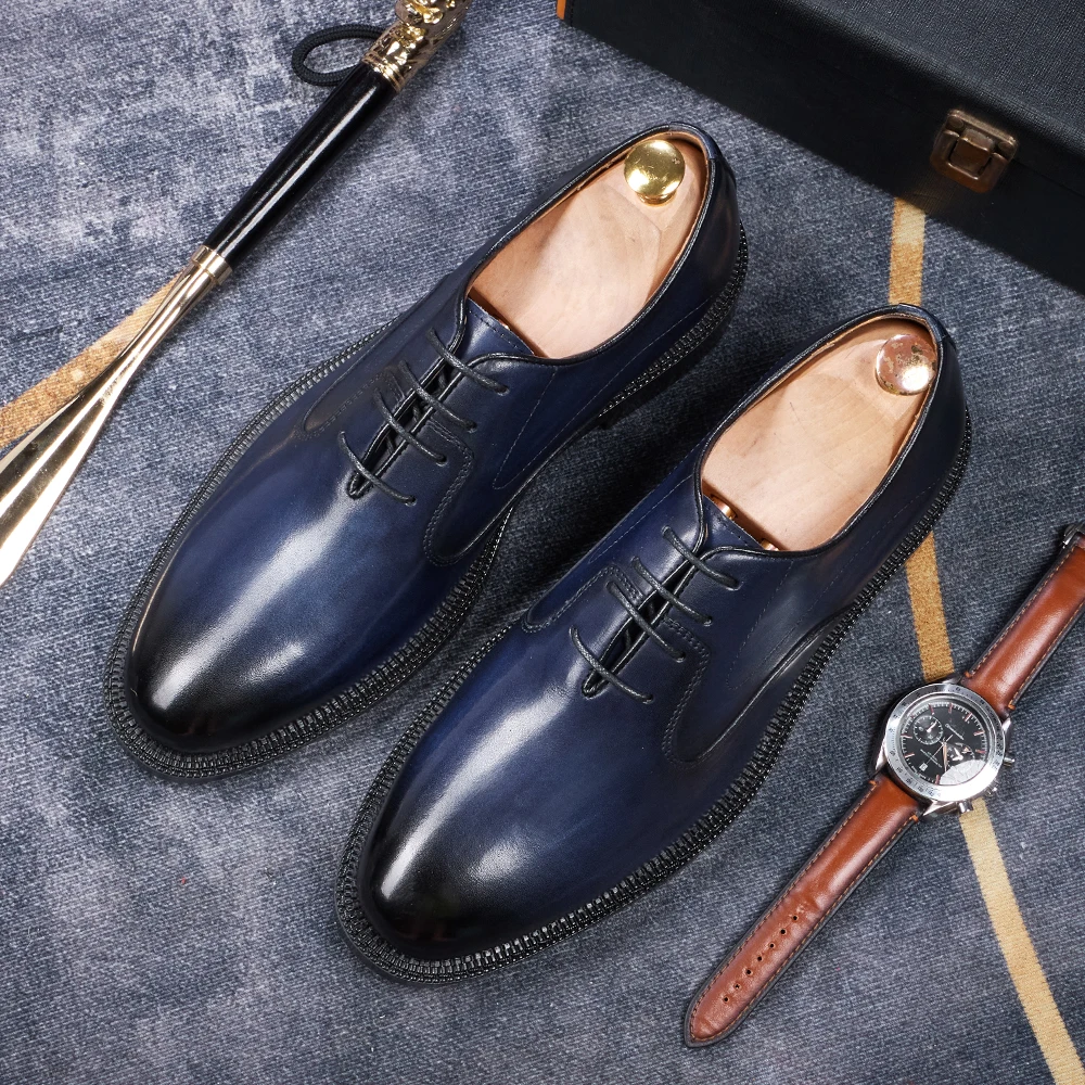 Derby shoes men's breathable men's formal shoes high-quality leather office wedding shoes lace up handmade color business shoes