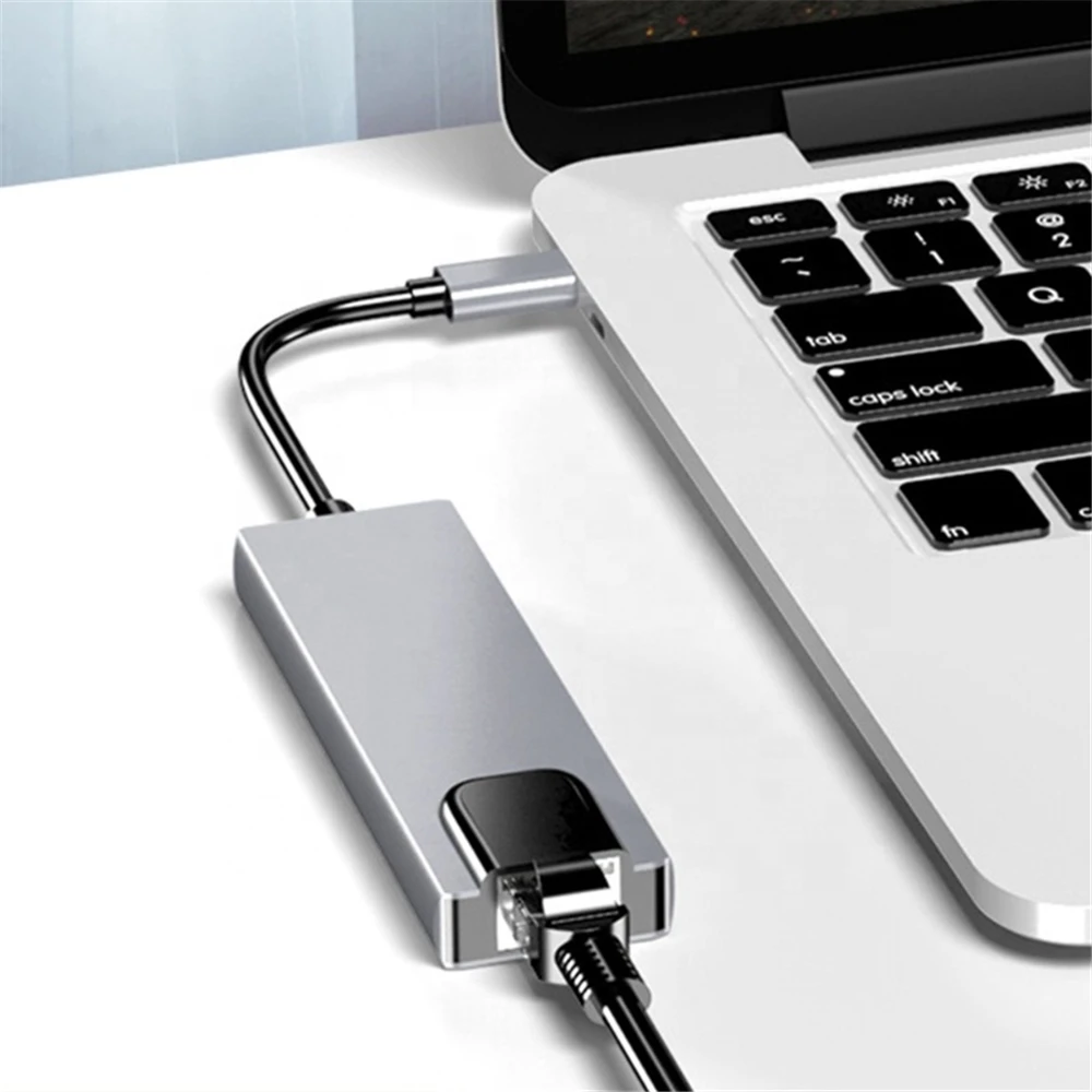 Convertidor de tarjeta de red con cable externo 5 en 1, concentrador de adaptador Ethernet Lan para MacBook, tipo C a RJ45, USB-C