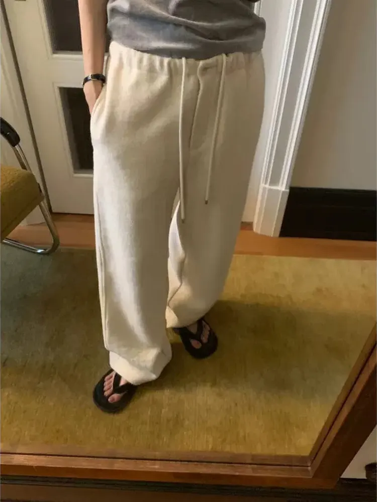 

Свободные широкие шерстяные повседневные брюки, женские зимние модные брюки с эластичной резинкой на талии, удобные брюки прямого кроя стандартной длины