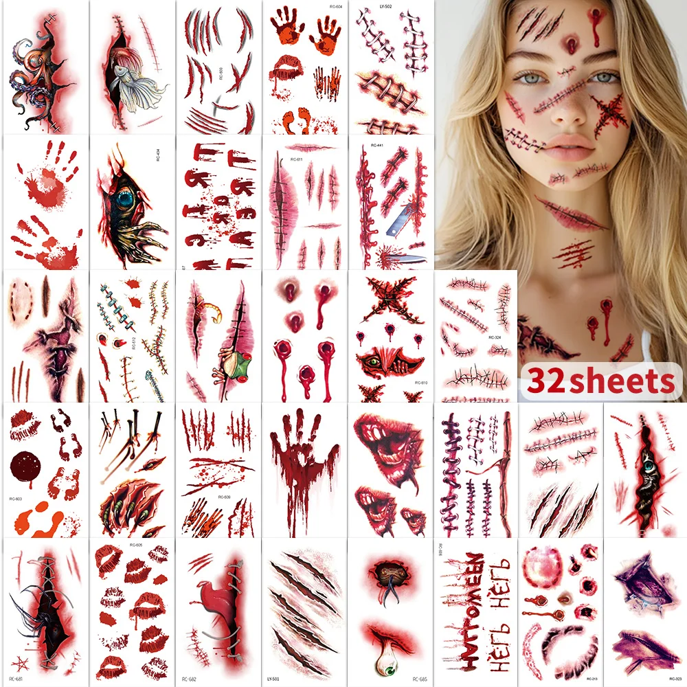 32 قطعة من الوشم المؤقت للندبات المزيفة ثلاثية الأبعاد للهالوين - تصاميم الجرح الدموي والزومبي للوجه/الجسم والحفلات التنكرية والمزحة والكوسبلاي ​
