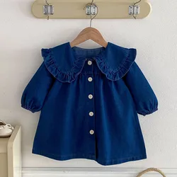 2025 New Spring European American Style 0-4 Yrs Baby Girl Party Dress Long Sleeved Solid Color Denim Kids Dresses Children Dress