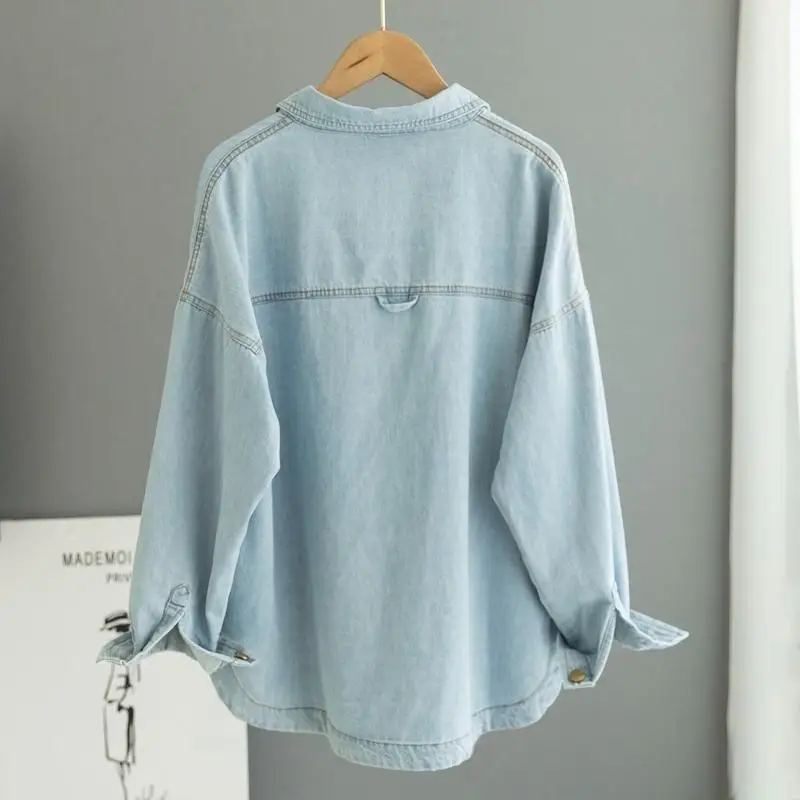 Women's Casual Denim Shirt Light Blue Single Breasted Lapel Blouse 2026 New Spring Long Sleeves Loose Fit Jacket Tops