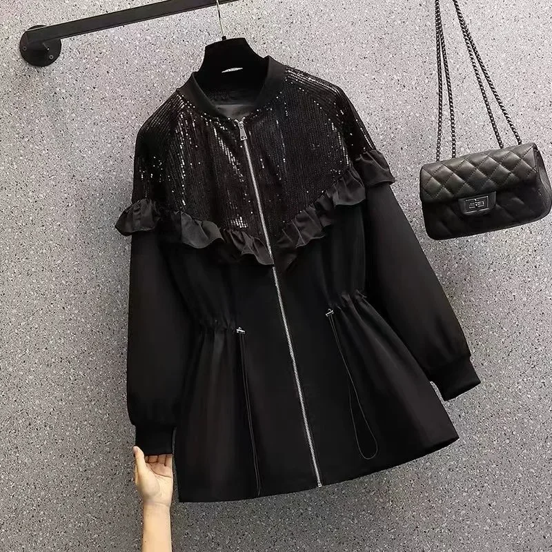 

2023 New Spring Autumn Fashion Lace Sequin Trench Coats Women's Clothing Casual Waist Windbreaker Coats Black Streetwear Tops