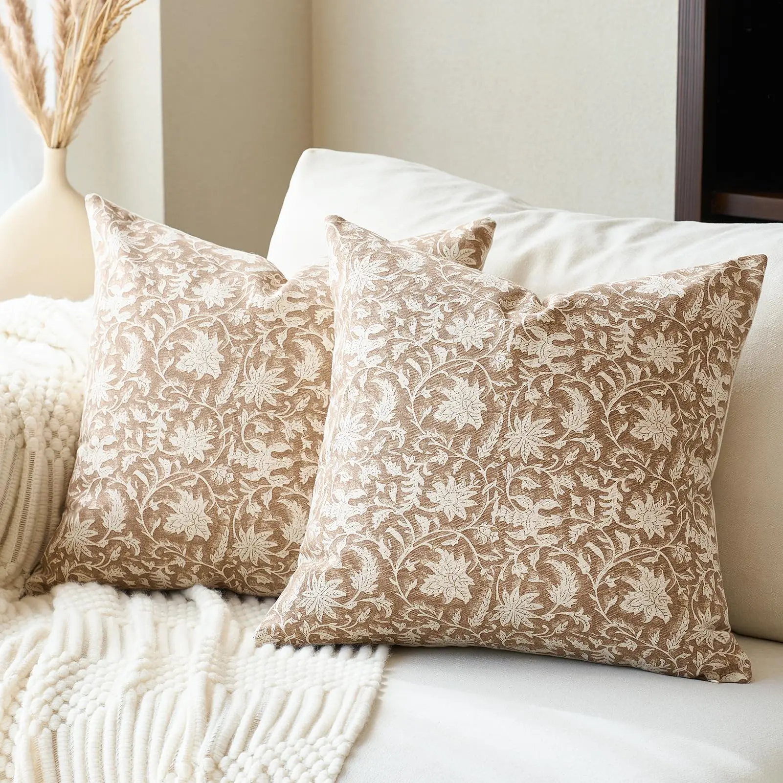 Floral Throw Pillow Covers Farmhouse Block Print Pillow Covers Decorative Pillow Covers Couch Pillows for Vintage Sofa Set of 2