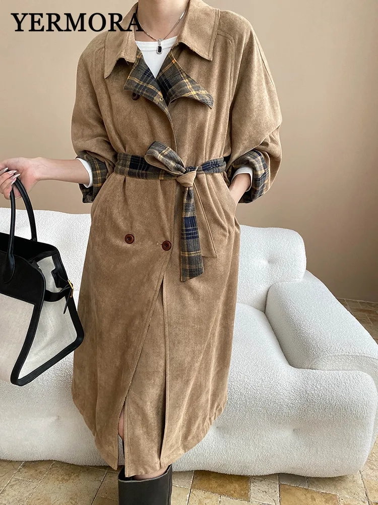 

YERMORA Khaki Double-sided Wear Belted Trench For Women Lapel Long Sleeve Loose New Windbreaker Fashion Tide Spring Autumn 2025