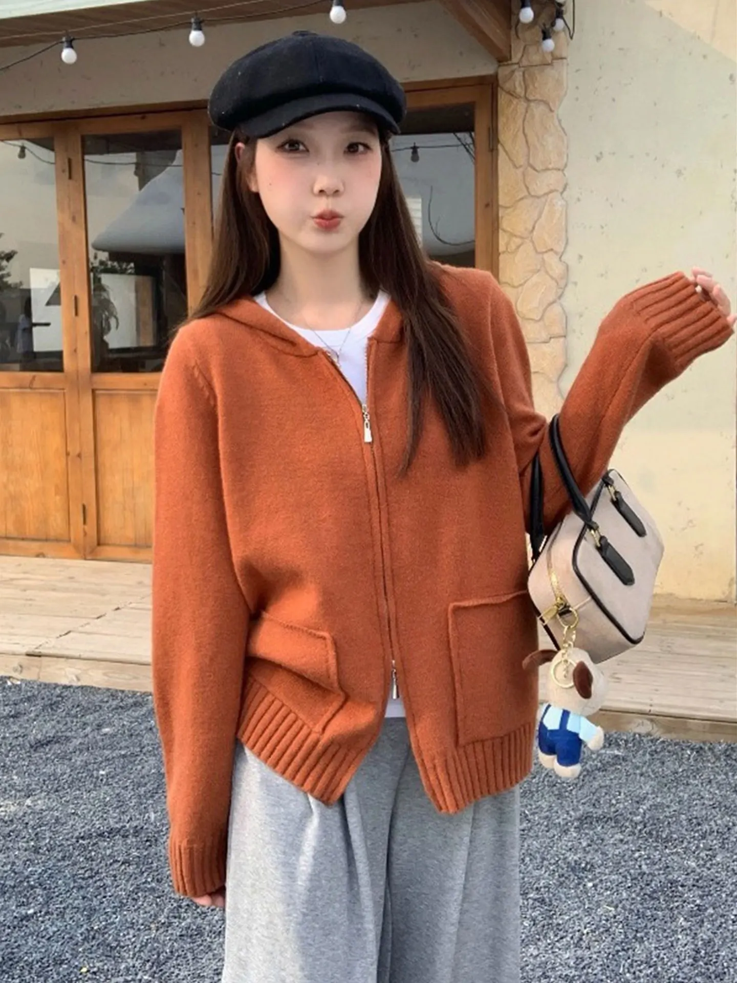 

Женский вязаный кардиган оверсайз с капюшоном, двойной молнией, свободного кроя, осенняя верхняя одежда, повседневный стиль, цвет «тыквенный оранжевый», большие размеры