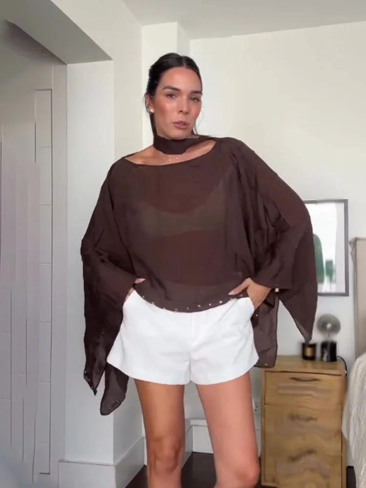 

HH Women's Summer New Fashion Tops Solid Scarf Collar Long Sleeves Rivet Decoration Pullover Female Chic Loose Blouses