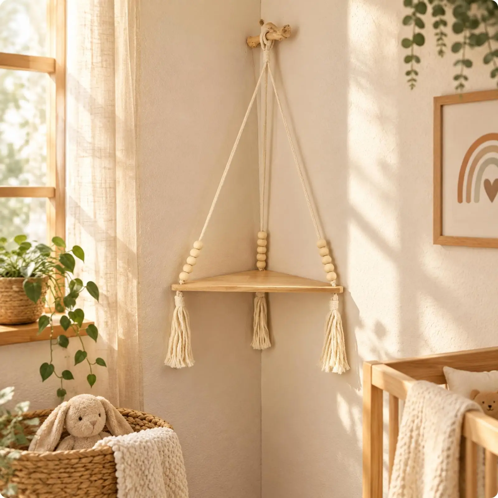 Rustic Wood Cotton Rope Hanging Corner Shelf Display Unit for Keepsakes and Small Decor
