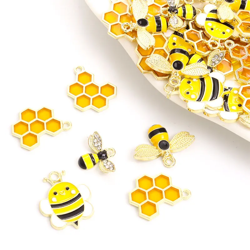 Mix 10pcs Cartoon Bee Honeycomb Enamel Charms Cute Insect Honeybee Drip Oil Alloy Pendant DIY Earrings Making Accessories Crafts