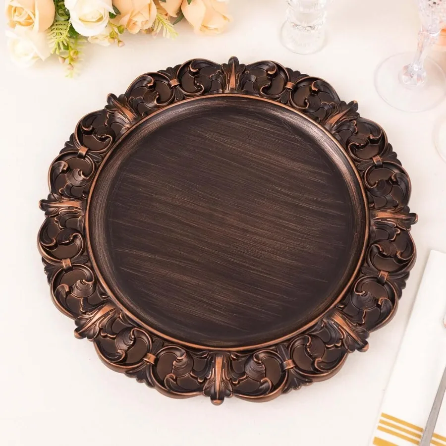 

13" Charger Plates Set of 12 Brown Disposable Chargers With Engraved Baroque Rim Round Acrylic Serving Plate For Wedding Party