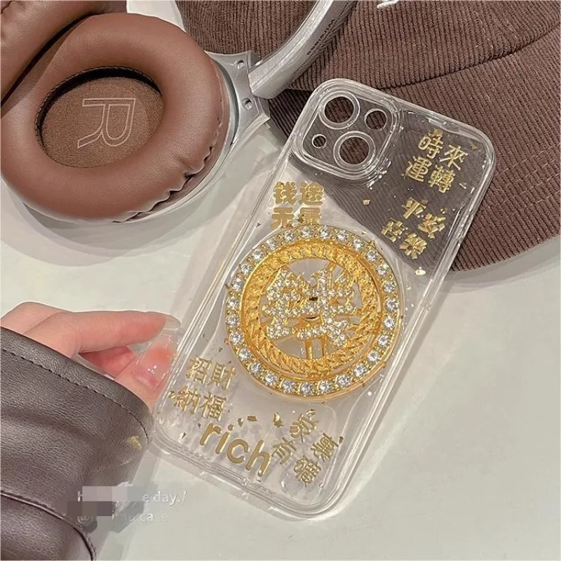 Creative Rotating Gold Coin Transparent Phone Case for iPhone 15 Pro Max 15 14 Plus 13 12 11 Xsmax X 7 8 Plus Fashion Back Cover