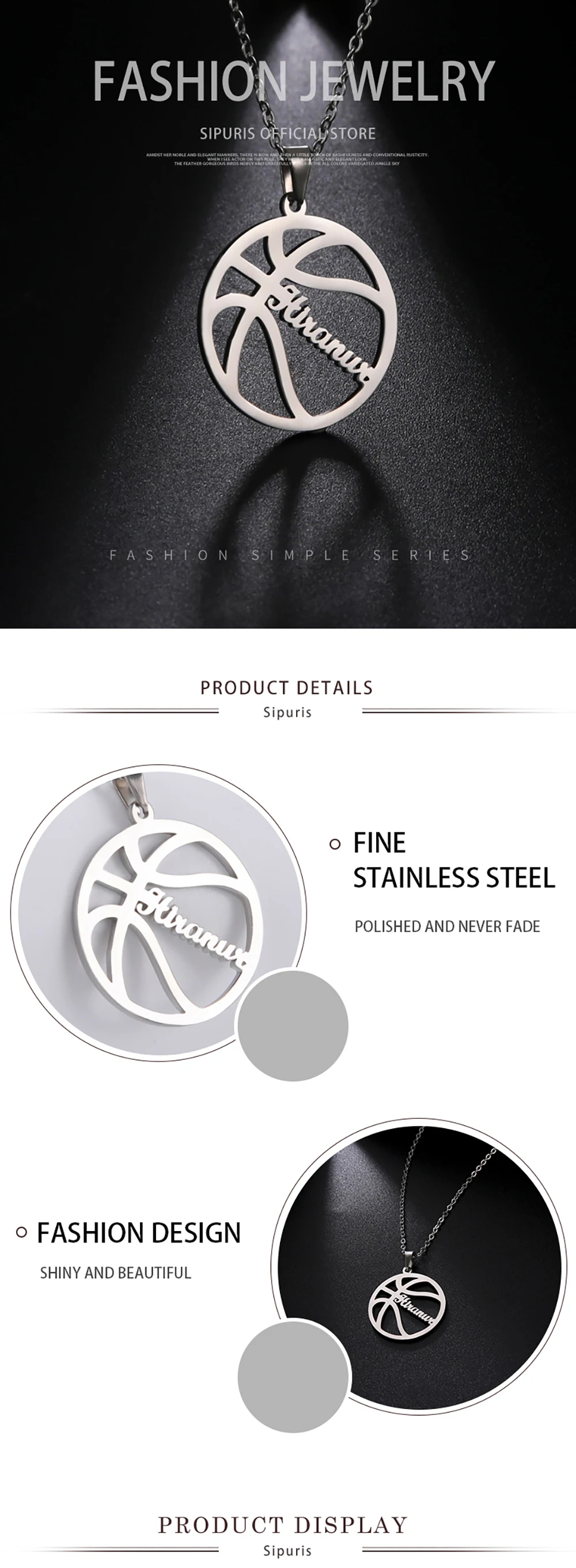 Sipuris Personalisierte Namens-Basketball-Halskette für Männer, Modischer Schmuck, Accessoires, Geschenk für den Freund, Neu – Detail 5