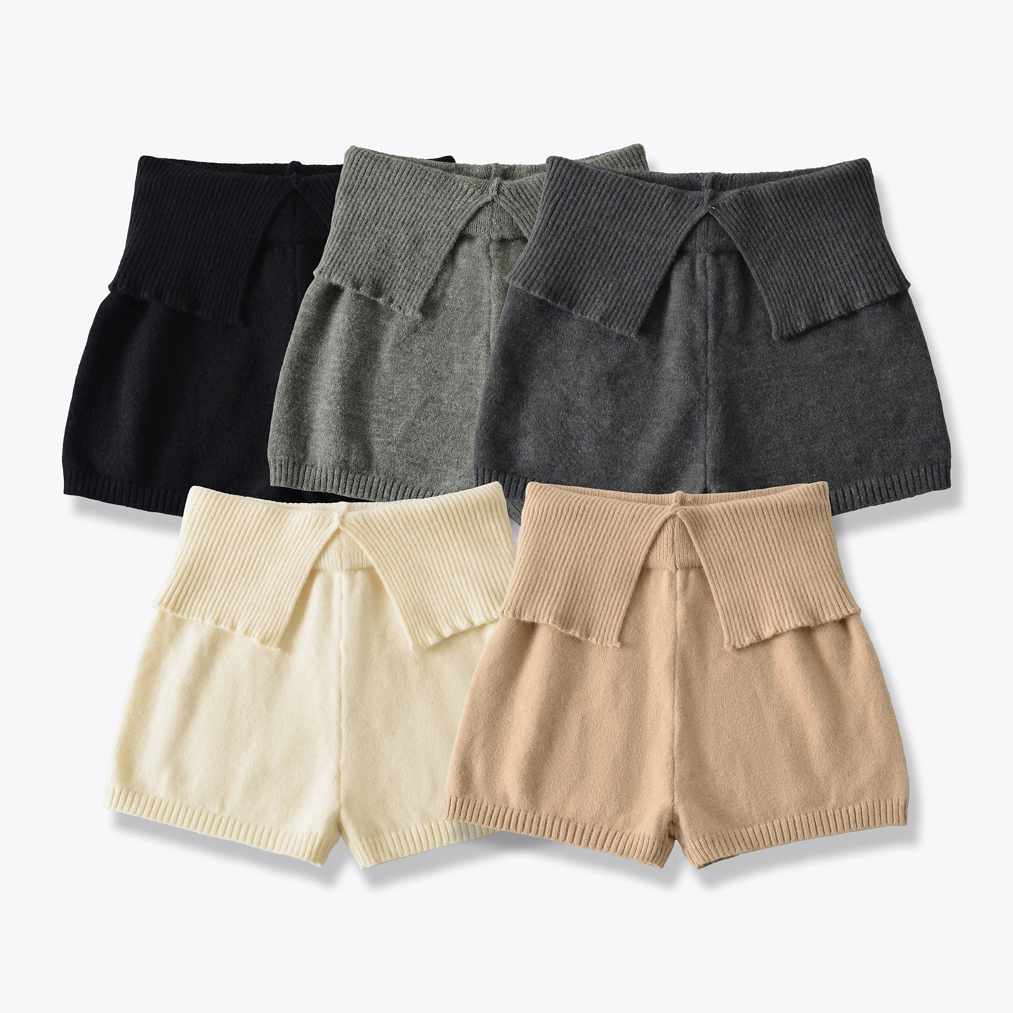 Spring Autumn Women Straight Knitting Shorts Girl's Slit Ruched Elastic Middle Waist Short Pants Dark gray black khaki 5 colors