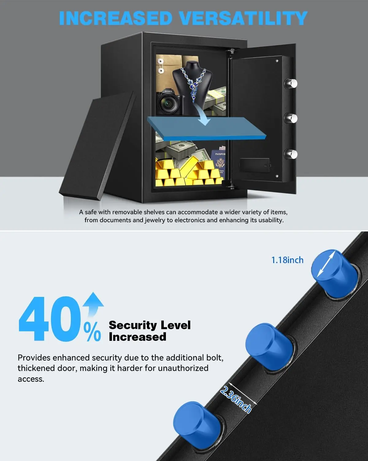 Large Safe Box for Home - 3.0 CuFt Heavy-Duty Cabinet with Motion Light & Dual Alarm, Digital Keypad & Override Key, Removable S