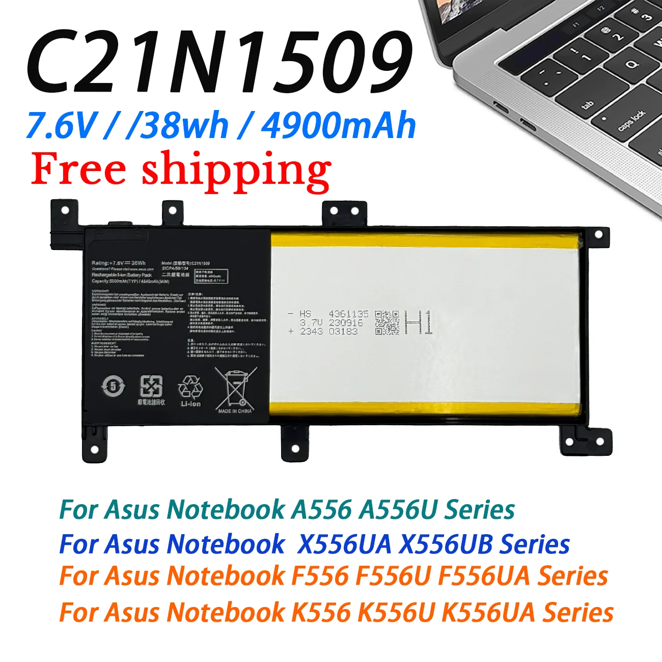 C21N1509 Laptop Battery for Asus X556U X556UA X556UB X556UF X556UJ X556UQ X556UR X556UV A556U K556U F556U FL5900U VM591U 38WH