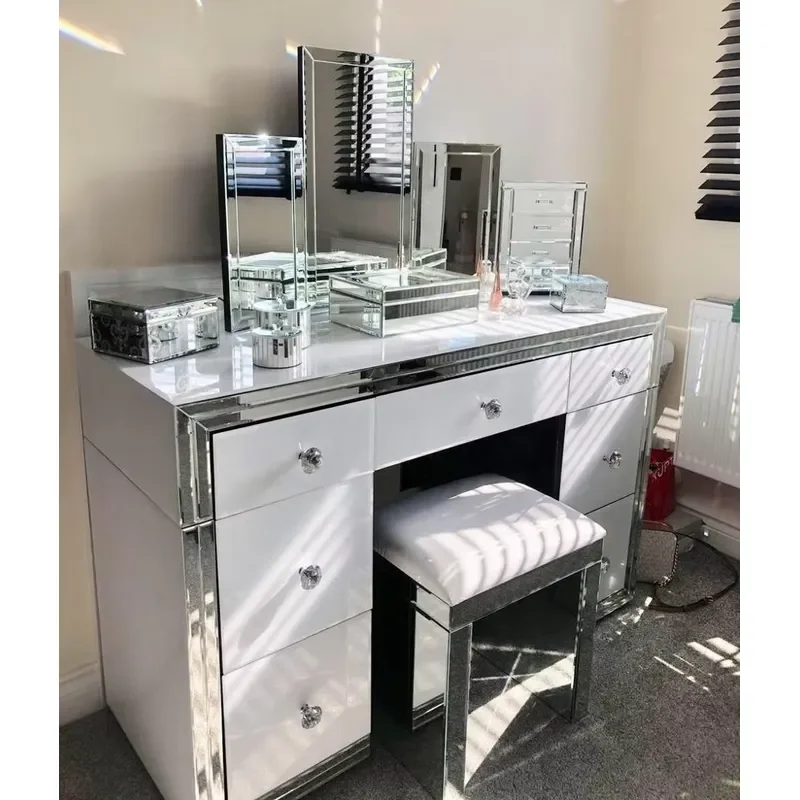 Sparkly Mirrored Dresser 7 Drawers White Mirror Dressing Table With 3 Pieces Folding Wall Mirror