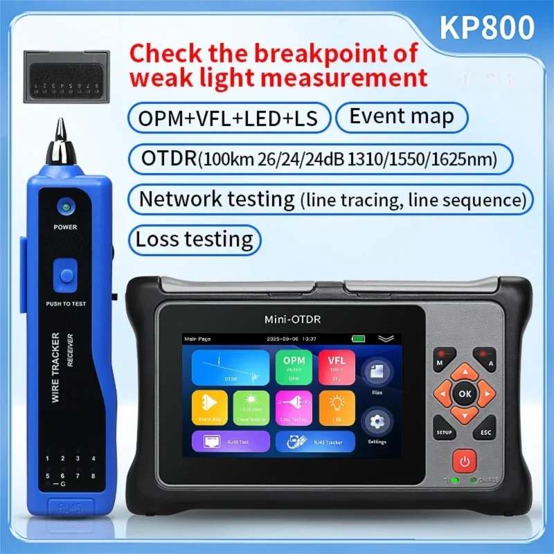 

KP800 Mini-OTDR 100KM 26/24/24dB 1310/1550/1625nm Fiber Optic Loss Testing Optical Time Domain Reflectometer With OPM VFL LED LS